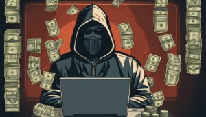 Man in black hoodie and mask in front of a laptop with money raining around him.