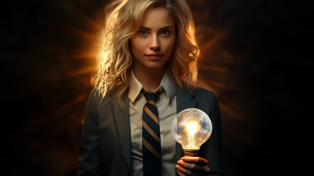 Woman holding a light bulb symbolizing innovative SEO optimization ideas.