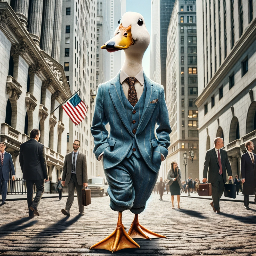 Duck in a business suit waddling down Wall Street