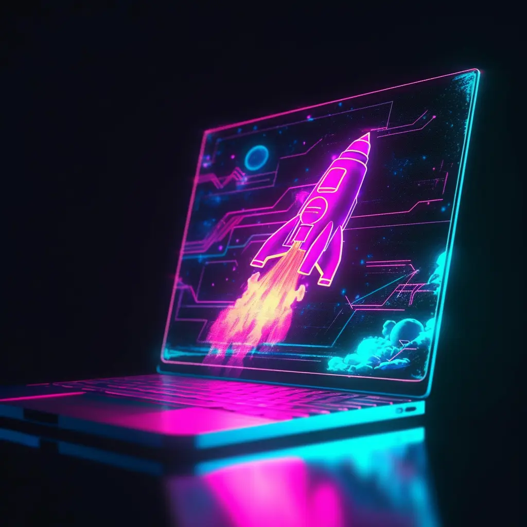 laptop with a rocket blasts off in the background