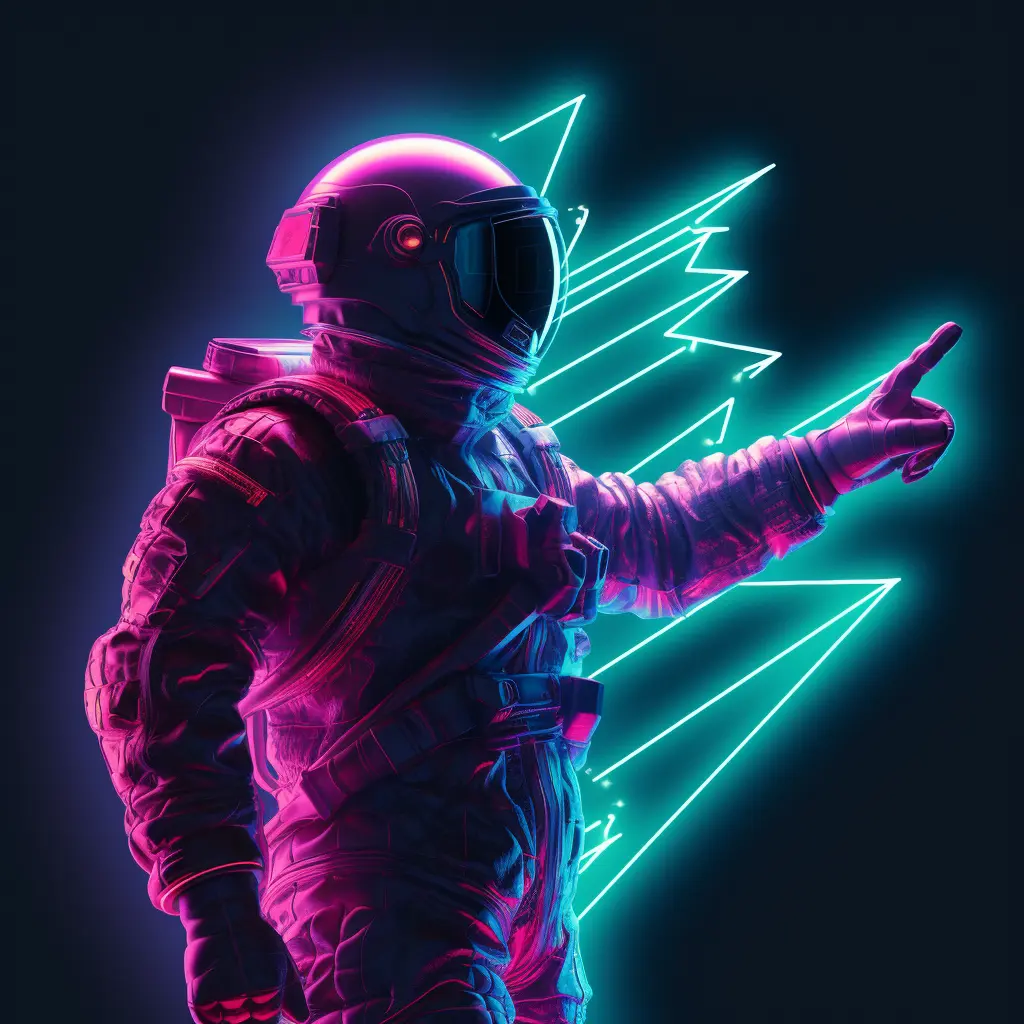 Astronaut in space pointing forward, surrounded by neon lights