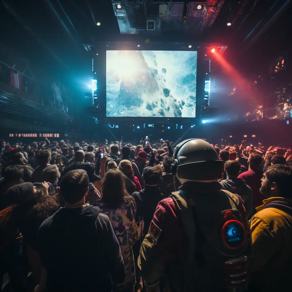 A crowd gathered at a venue with vibrant lights and a giant space-themed monitor