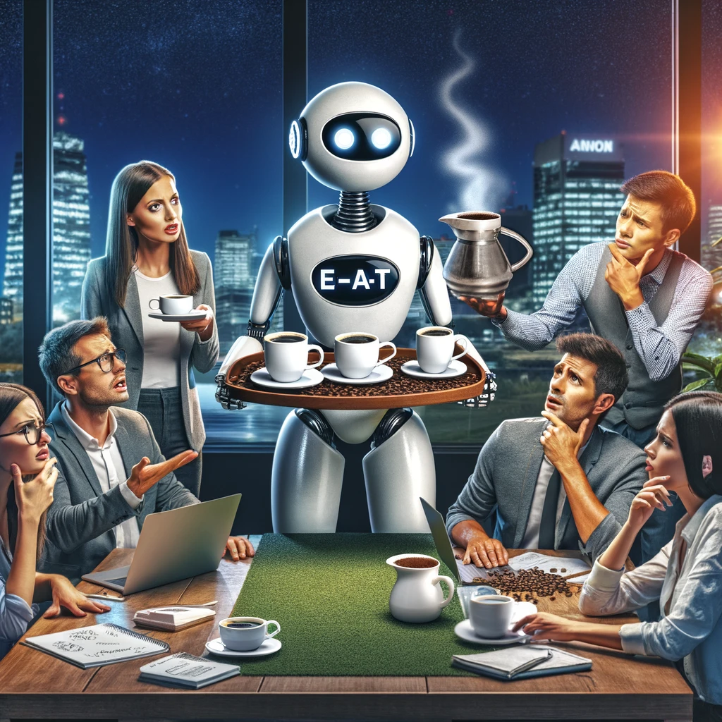 Robot serving coffee to a group of confused marketers discussing E-E-A-T." Title: Java-Scripted Service