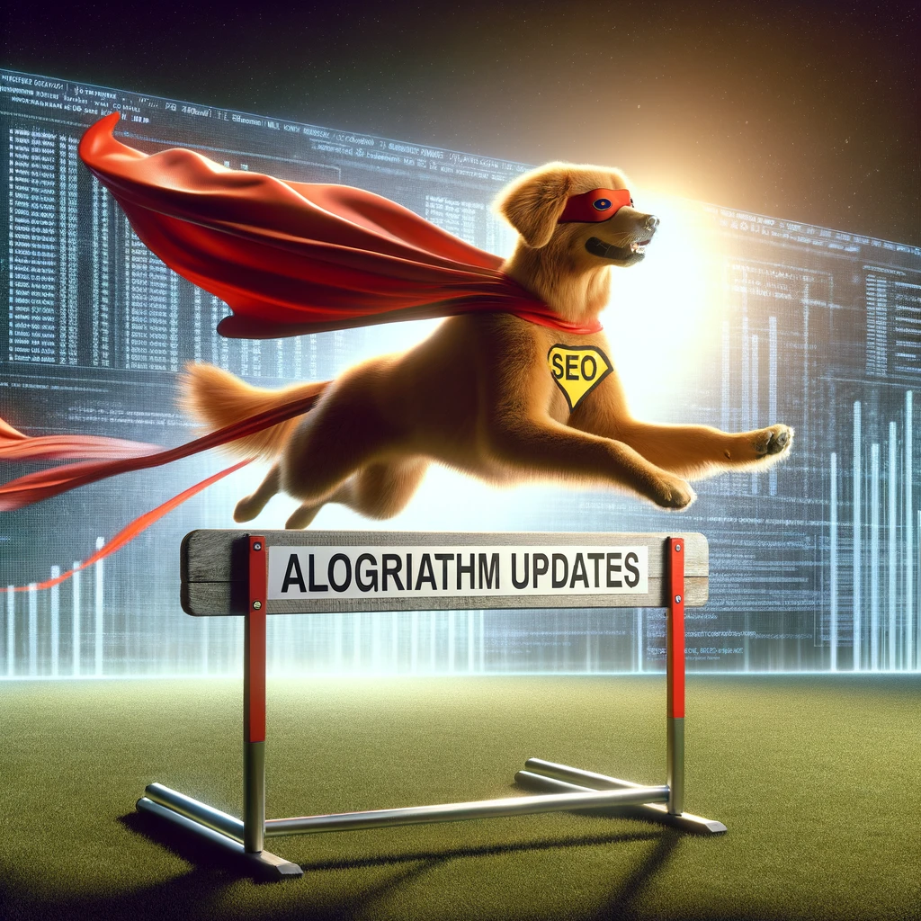 A superhero dog sporting a cape marked 'SEO' leaping over a hurdle labeled 'algorithm updates'."