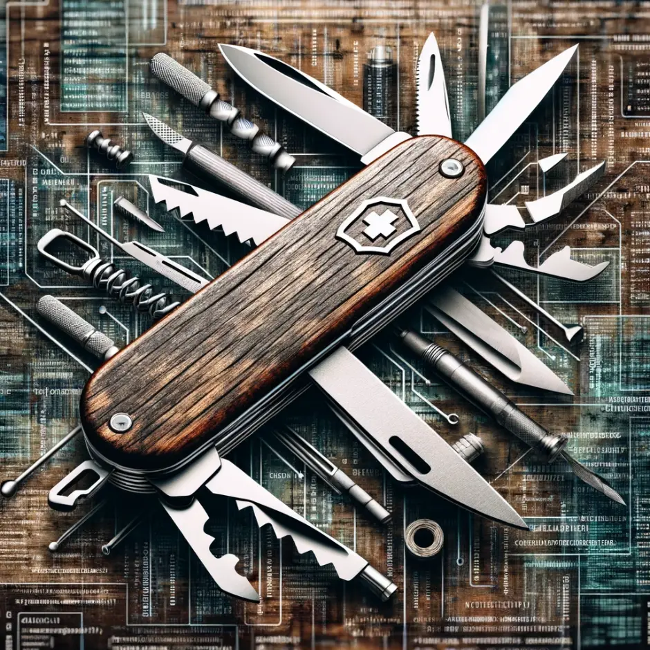 A Swiss Army knife expanded to display a variety of tools juxtaposed against a digital circuit board background.