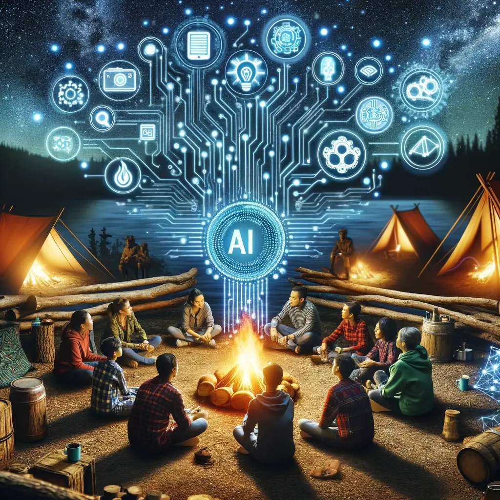 A group of friends gathered around a campfire, each reflecting on their journey with AI tools at the heart of a wilderness retreat.
