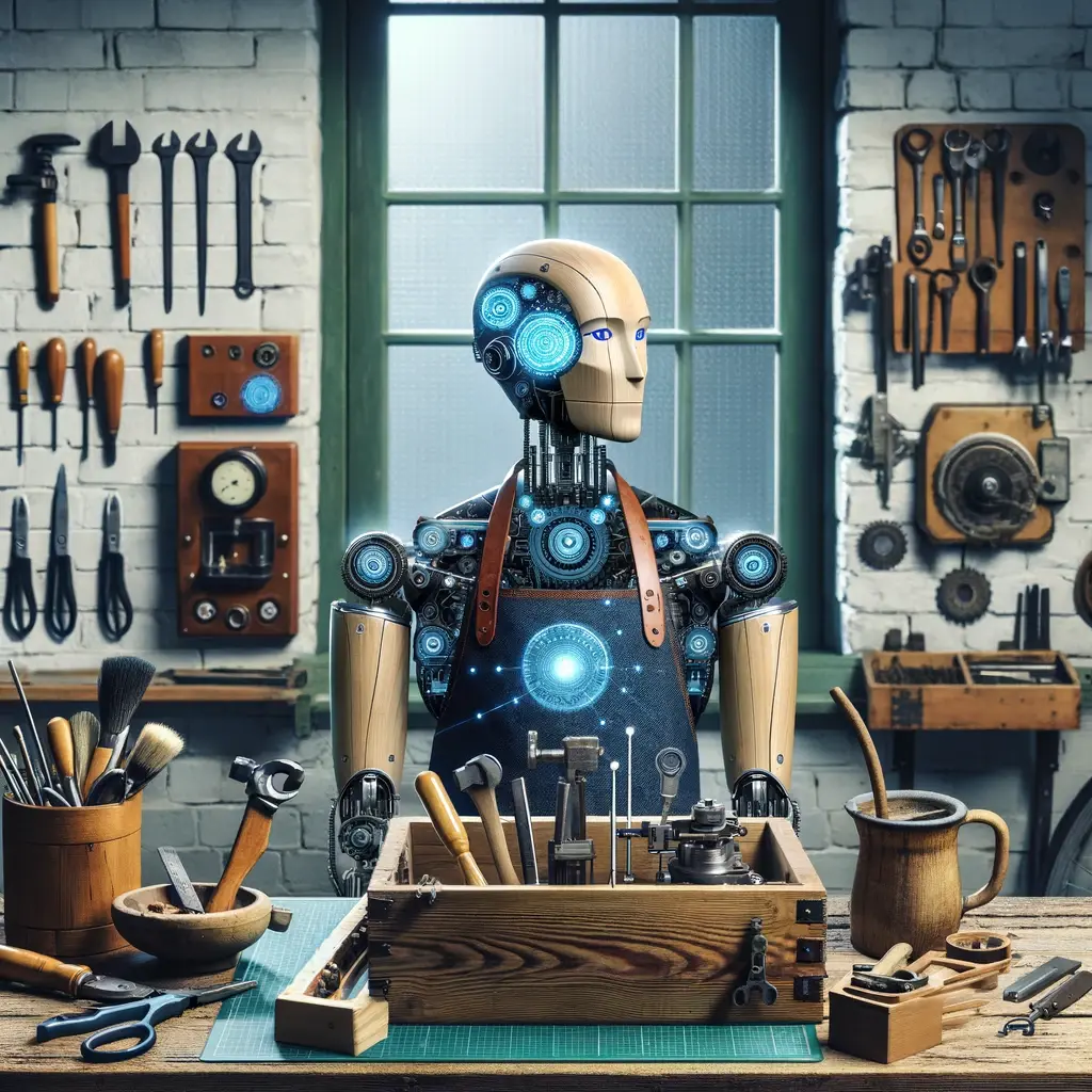 A craftsman's haven filled with tools enhanced by AI, presenting a blend of professional skill and intelligent automation.
