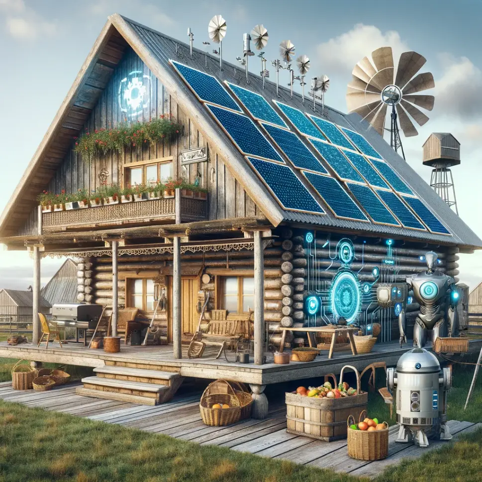 A rustic abode upgraded with AI innovations like solar energy and modern agricultural implements, alluring to a future where tradition and technology coexist seamlessly.