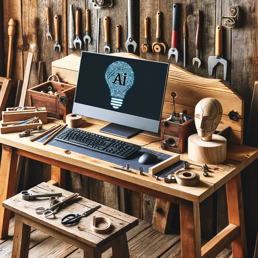 A traditional woodworking bench equipped with the latest AI technology, marrying age-old craftsmanship with contemporary knowledge.