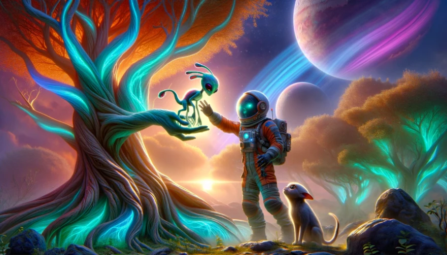 An astronaut helps a young alien girl retrieve her pet from a luminous, fantastical tree in a serene alien landscape, symbolizing a universal moment of kindness across the cosmos.