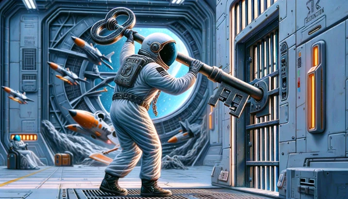 An astronaut in a space-themed prison jumpsuit turns a giant key in a heavy door, symbolizing liberation from an interstellar detention facility, with an expression of determination and hope, suggesting infinite possibilities beyond.
