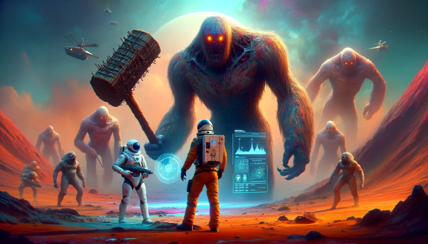 An astronaut, accompanied by a holographic AI, confronts towering Bohemian monsters on an alien planet, symbolizing the battle against 'giant problems' with courage, intelligence, and the aid of advanced technology.