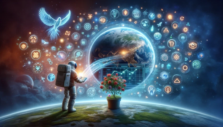 An astronaut in space interacts with an AI educational interface showcasing tools for personal transformation and resilience, with symbols of growth and the Earth in the background, illustrating Project Uplift's mission to inspire global personal development through adversity.