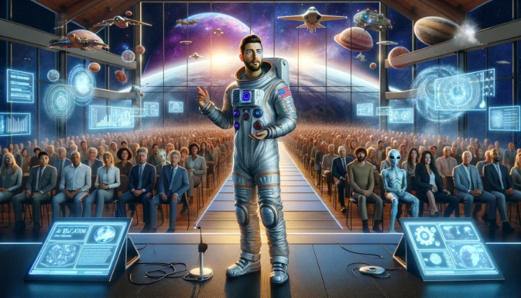 This image captures a momentous occasion as Justin Sirotin, depicted as an astronaut, delivers an inspiring talk on AI education. Standing on a futuristic stage, Justin, with his recognizable short brown hair, blue eyes, stocky build, and goatee, engages a diverse audience with a holographic presentation on AI concepts and future technologies. The auditorium, filled with both humans and aliens, illustrates the universal interest in AI education, bridging worlds and species through the power of learning. Advanced technological features, such as floating screens and interactive AI models, enrich the presentation, while the backdrop of the cosmos through a vast window signifies the infinite possibilities AI education holds for the future.