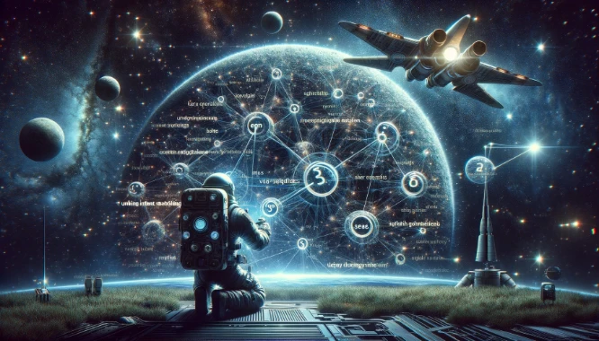 An astronaut in hi-tech gear analyzes a holographic structure of interconnected keywords and search queries in space, symbolizing the unlocking of user intent for SEO success.