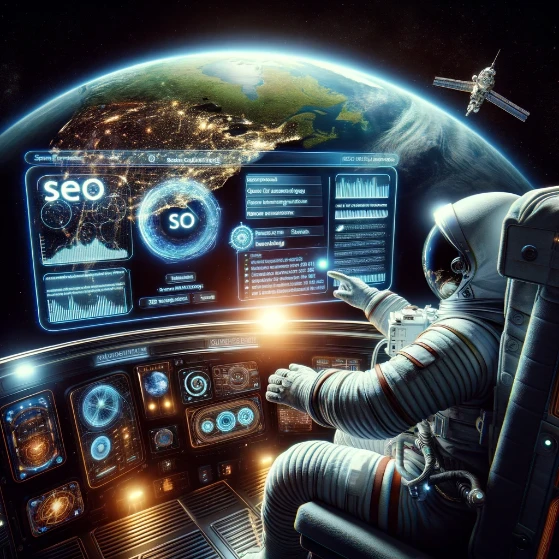 Astronaut and AI hologram analyzing SEO analytics in orbit, showcasing AI's impact on search engine rankings.