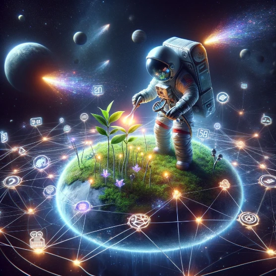 Astronaut cultivating glowing plants on a small planet surrounded by interconnected links, symbolizing efforts to boost website domain authority for SEO success, with a digital scoreboard showing rising scores in the backdrop of space.