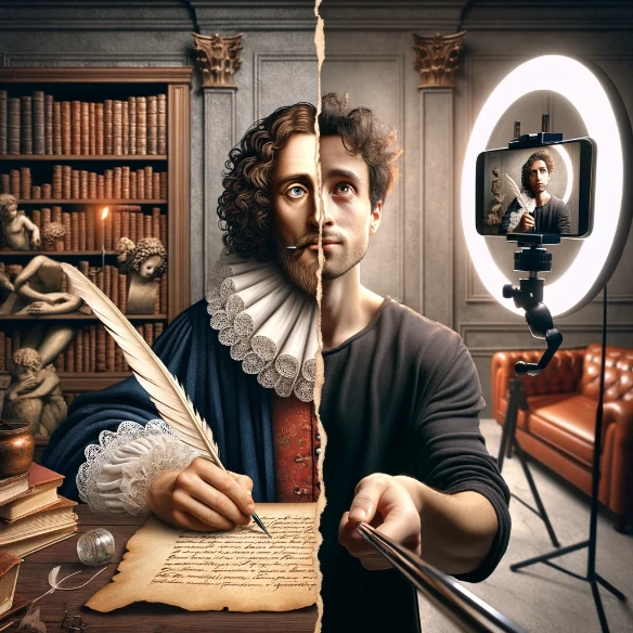 A split image showing a classical poet writing with a quill on the left and a OnlyFans content creators taking a selfie on the right.
