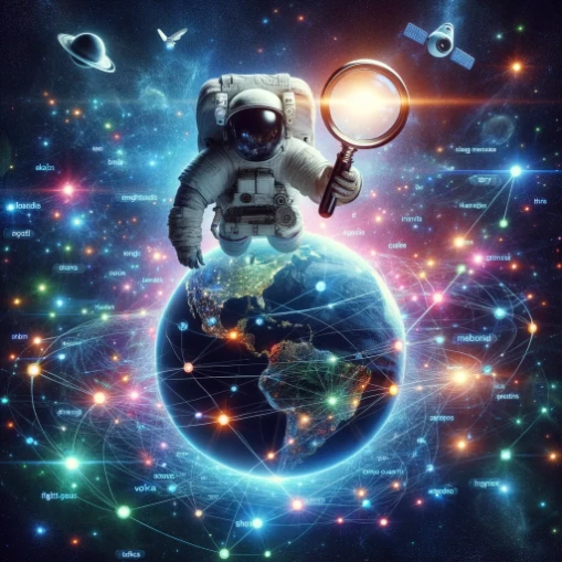Astronaut in space holding a glowing magnifying glass over a digital representation of Earth, with glowing lines and nodes symbolizing the web, surrounded by keywords and SEO icons
