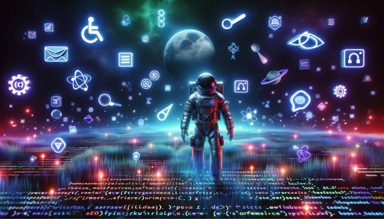 A futuristic astronaut floats in a zero-gravity digital space, surrounded by icons representing SEO and web accessibility features, against a backdrop of a vibrant, neon-lit digital matrix, illustrating the importance of making websites accessible and optimized.