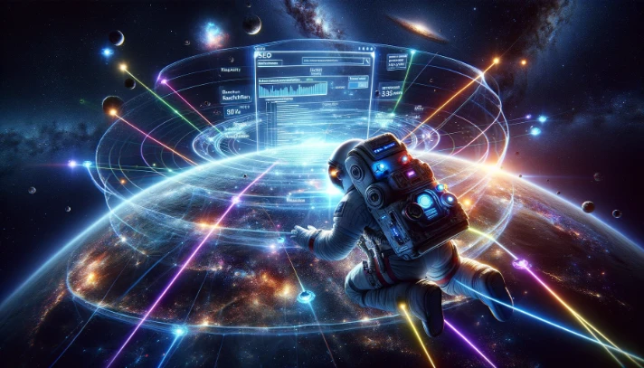 An astronaut in space examining a holographic display of SEO metrics, surrounded by the cosmos, illustrating the exploration and optimization of digital landscapes for improved page authority.