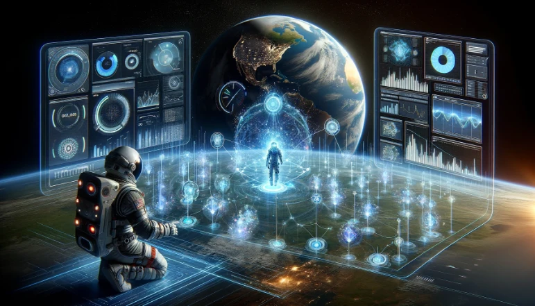 An astronaut in space analyzes complex data on a holographic interface with Earth in the background, symbolizing innovative strategies to reduce website bounce rates.