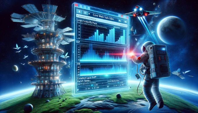 An astronaut optimizes Core Web Vitals metrics on a digital display near a space station, illustrating the enhancement of UX in the digital universe.