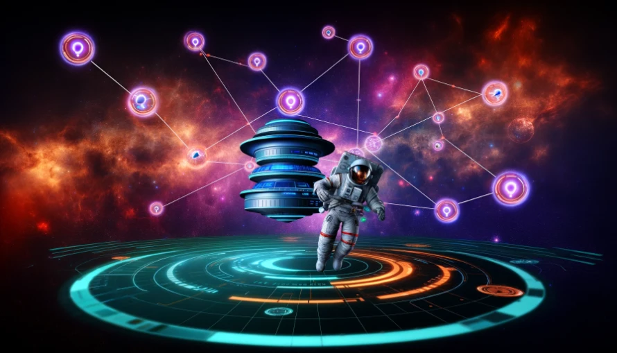 A hi-tech astronaut interacts with holographic displays of interconnected nodes and links near a futuristic space station, against a nebula backdrop