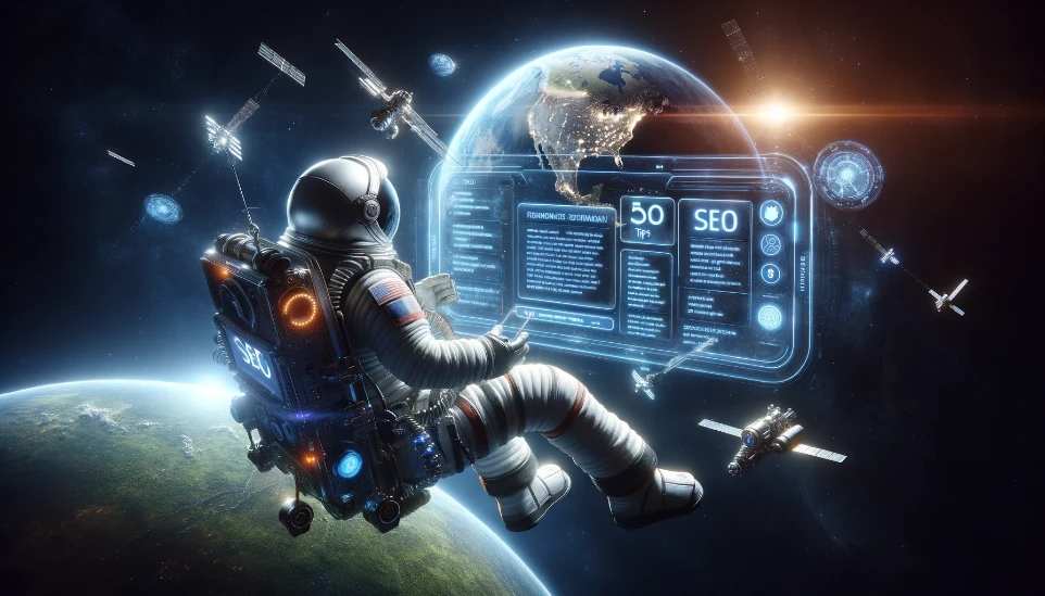 An astronaut in space manipulates a digital display of SEO tips and keywords with Earth in the background.