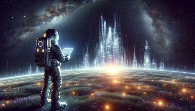 A futuristic astronaut analyzes SEO metrics on a holographic tablet, standing on a digital landscape with SERPs as towering skyscrapers of light and data, under a sky where space meets binary code.