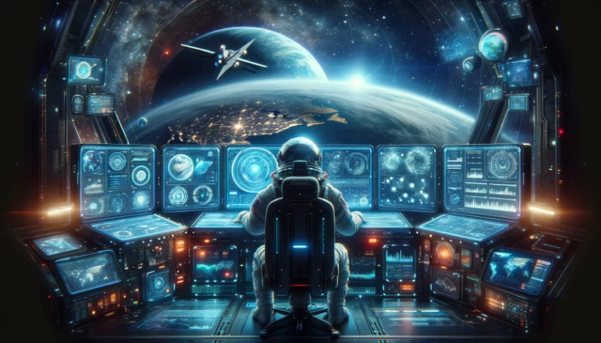An astronaut analyzing international SEO strategies on a high-tech console in space, with Earth in the background.