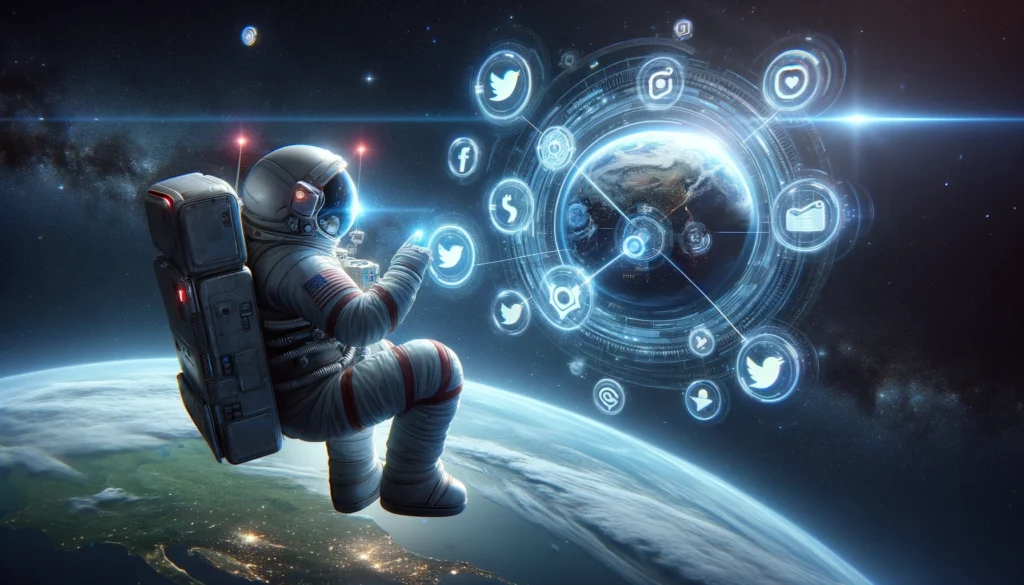 An astronaut interacts with a holographic interface displaying structured data and schema markup symbols in space, symbolizing the optimization of digital content for search engines.