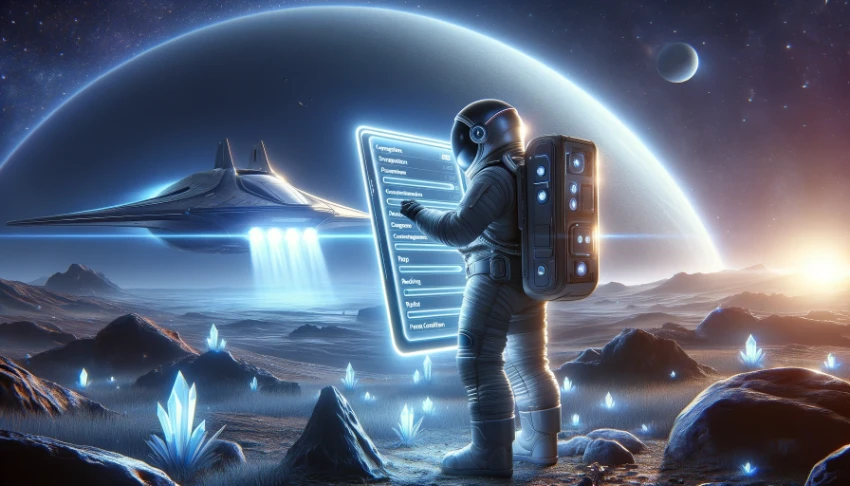 An astronaut on a rocky planet examines image optimization techniques on a digital tablet, with a futuristic spacecraft in the background, symbolizing the importance of optimizing web images for better performance.