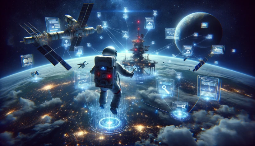 This dynamic image captures an astronaut floating near a space station, intricately editing a series of holographic video clips that display various video SEO strategies, such as keyword tagging, content quality, and engagement metrics. Using advanced tools, the astronaut optimizes these videos in real-time, with each adjustment creating visual ripples through the holograms, metaphorically illustrating the profound impact of SEO on video rankings. The space station looms in the background, symbolizing the technical foundation necessary for effective SEO tactics. Surrounded by the infinite expanse of space, the scene represents the vast opportunities and competitive nature of digital marketing. This artwork beautifully merges space exploration with the strategic intricacies of digital marketing, showcasing the detailed process of optimizing video content to enhance online visibility in the limitless digital universe