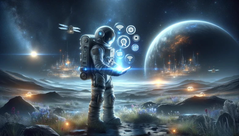 An astronaut on a distant planet holds a smartphone showcasing mobile SEO optimization icons, with a futuristic cityscape in the background, emphasizing the importance of mobile optimization in the digital era.