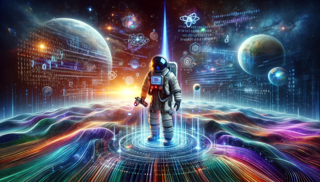 A futuristic astronaut analyzing SEO algorithms on a digital landscape filled with data streams and holographic projections.