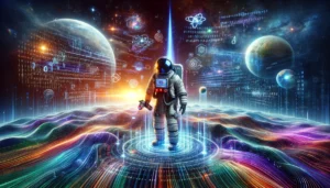 A futuristic astronaut analyzing SEO algorithms on a digital landscape filled with data streams and holographic projections.