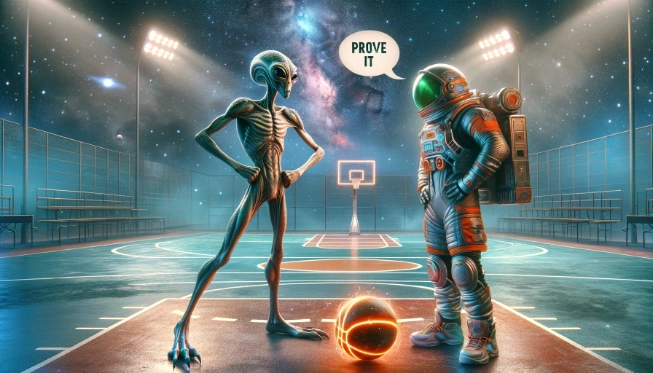 : An alien confidently brags about his basketball skills to a spaceman on a futuristic basketball court, with a speech bubble from the spaceman saying "Prove it."
