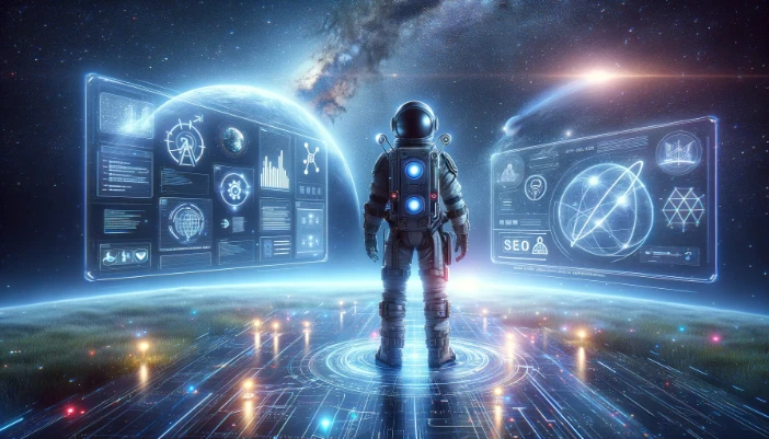 -futuristic-astronaut-standing-on-a-digital-landscape-surrounded-by-holographic-displays-of-various-SEO-tools-and-technology-icons-
