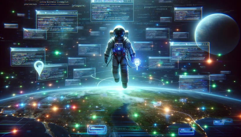 A futuristic astronaut explores digital landscapes filled with neon-lit local citations and business listings, symbolizing the journey through local SEO strategies.