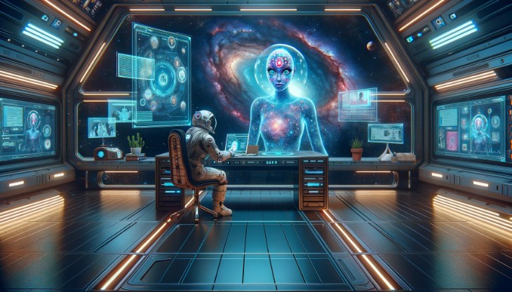 A futuristic astronaut engages in a video call with a holographic projection of a colorful alien guest blogger, set against a deep space backdrop.