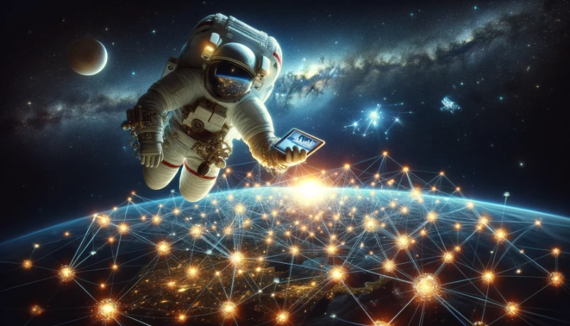 An astronaut analyzes a glowing web of interconnected stars, symbolizing SEO link building strategies against a backdrop of Earth and distant galaxies.