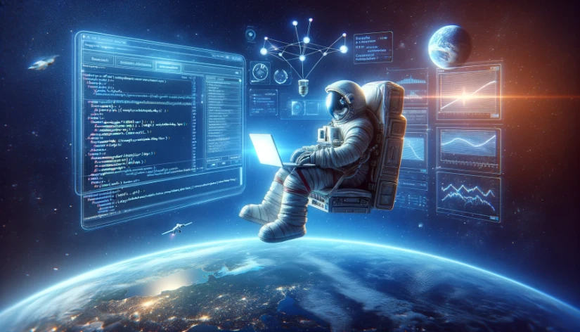 An astronaut optimizing meta tags in space, with the Earth in the background and digital data analytics floating around.