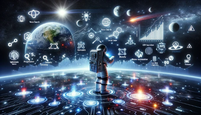 An astronaut interacts with the future trends of SEO and digital marketing, standing on a digital terrain filled with icons of voice search, AI content tools, and social media integration, under a sky of growth analytics and stars, embodying the vast potential of the SEO landscape.