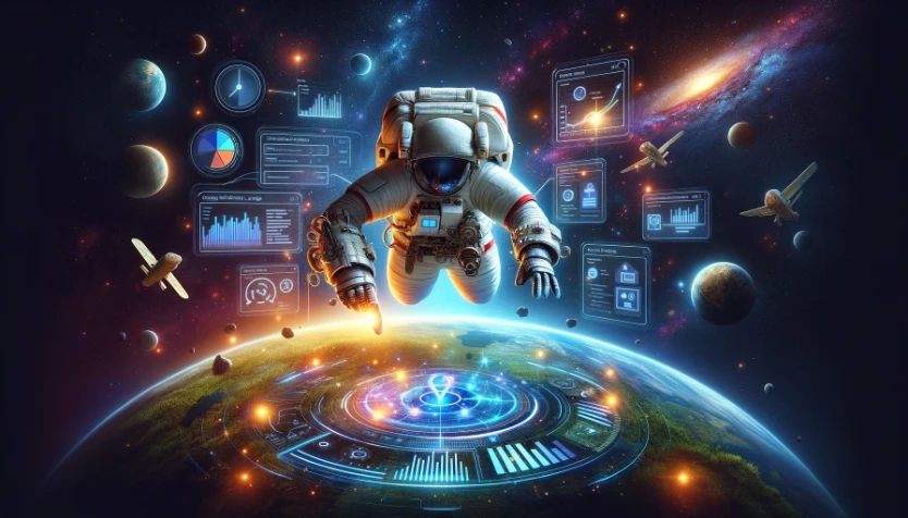 An astronaut in space interacts with a high-tech digital interface showing Google My Business optimization data, with Earth in the background, encapsulating the fusion of space exploration and digital marketing strategy.