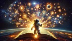 An astronaut in space with an open book that radiates bright, golden light, illuminating digital icons and symbols of content marketing and SEO strategies.
