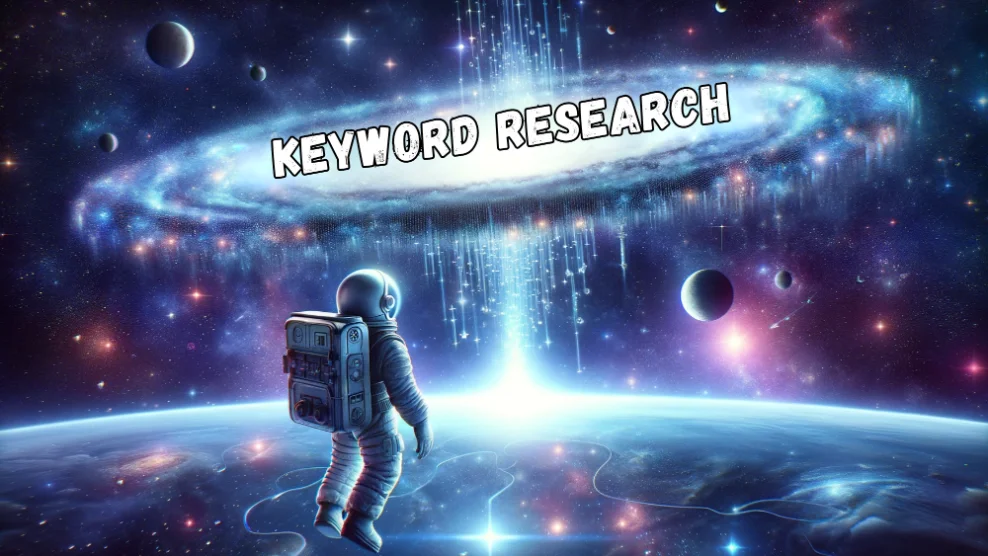 An astronaut floats in the lower part of the image, looking up in awe at a galaxy made of the words "keyword research" across the upper third of a space-themed background,