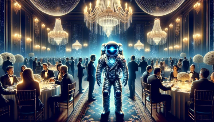 An astronaut in a tuxedo at a luxurious networking event, engaging with guests represented with auras of authority, symbolizes the strategic pursuit of high-quality backlinks in the sophisticated dance of digital marketing