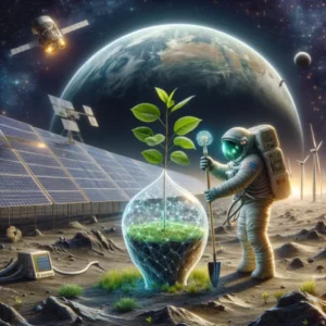 Astronaut planting an eco-tech sapling on a new planet, with renewable energy sources illuminating the background.