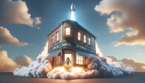A local brick-and-mortar store, seen through a large window with a spaceman inside, takes off like a rocket 100 feet off the ground, surrounded by a conical tail of smoke and exhaust, symbolizing the leap towards innovation and success.